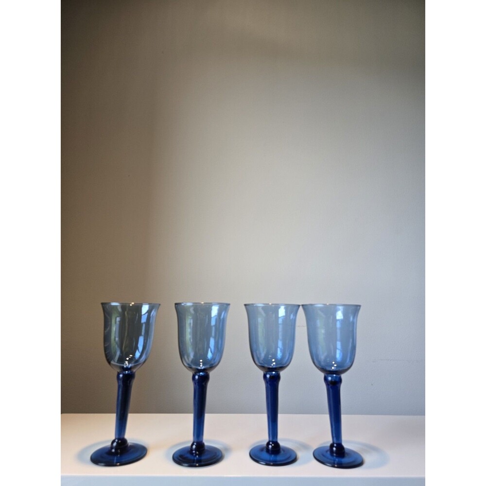 Set of 4 Hand Blown Mexican Blue Art Glass Wine Goblets Tall Stem 9"